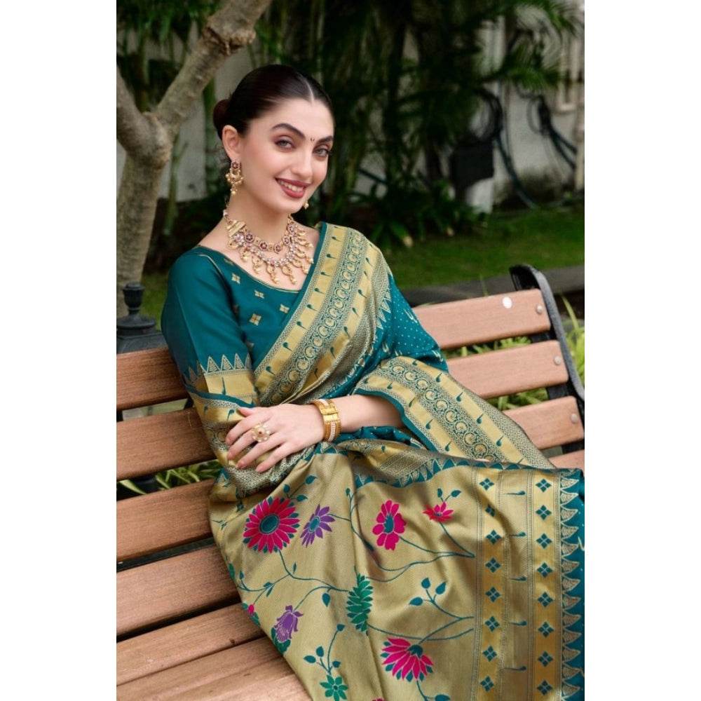Generic Women's Silk Blend Paithani Weaving Saree With Unstitched Blouse 5.5Mtr (Teal) - MYLUXURY LANE ENTERPRISE